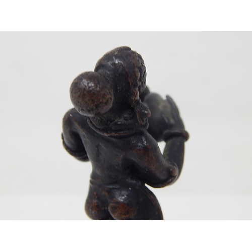 595 - Small Bronze Figure of an Oriental Lady Playing Symbols: Measures 8.4cm high