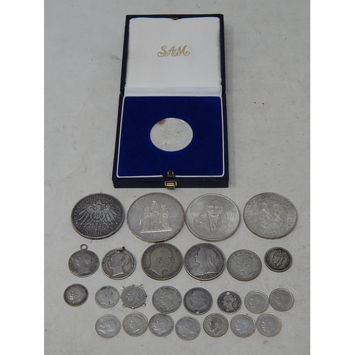 986 - Quantity of Silver World Coinage to Include Queen Anne Silver Shilling with attached loop.