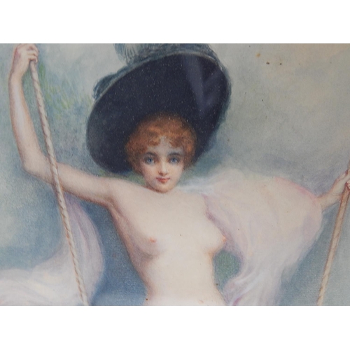 685 - Art Nouveau 1895-1905 Signed French Watercolour of a Naked Lady on a Swing: Picture Measuring 43cm x... 