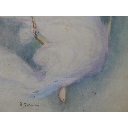 685 - Art Nouveau 1895-1905 Signed French Watercolour of a Naked Lady on a Swing: Picture Measuring 43cm x... 