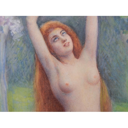 686 - Art Nouveau 1895-1905 Signed French Watercolour of a Naked Maiden with Long Flowing Hair Within A La... 