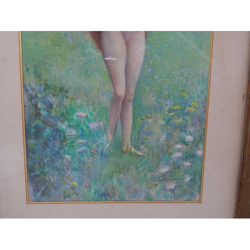 686 - Art Nouveau 1895-1905 Signed French Watercolour of a Naked Maiden with Long Flowing Hair Within A La... 