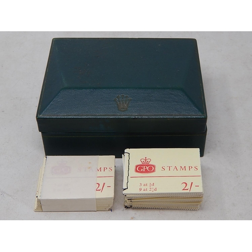 979 - 22 x GPO 2 Shilling Books of Stamps (complete) contained in Rolex Watch Box