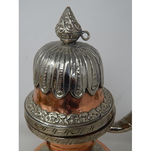 675 - Middle Eastern White Metal & Copper Coffee Pot with Figural Spout & Handle: Measuring 32cm high