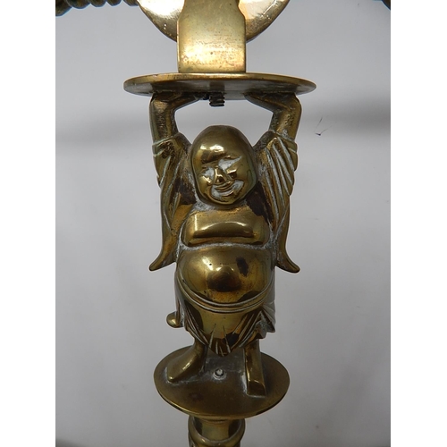 676 - Large Pair of Brass Scales. The Fluted Column with Cast Buddha. Twin Brass Pans & Sitting on Marble ... 