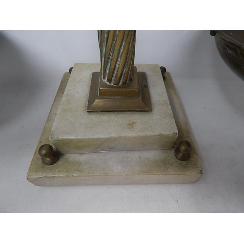 676 - Large Pair of Brass Scales. The Fluted Column with Cast Buddha. Twin Brass Pans & Sitting on Marble ... 