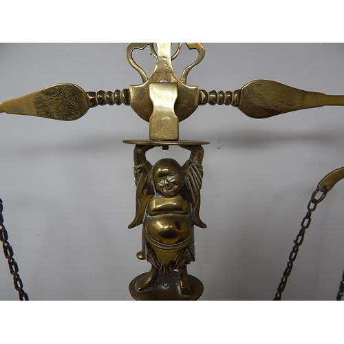 676 - Large Pair of Brass Scales. The Fluted Column with Cast Buddha. Twin Brass Pans & Sitting on Marble ... 