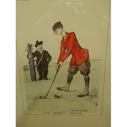 678 - Edmund G Fuller: Set of Four Framed Amusing Vintage Golfing Prints: The First Drive, Entitled to see... 