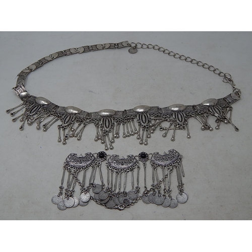 243 - Egyptian White Metal Belly Dancers Waist Belt & Necklace with Tassles.