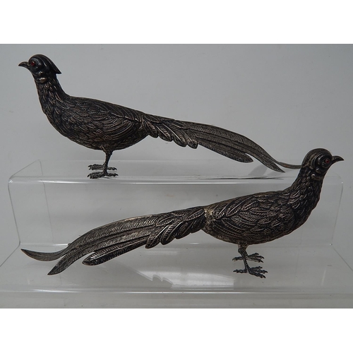 248 - Pair of Large Continental Hallmarked Silver Table Pheasants with Red Cabochon Eyes: Each Measuring 2... 