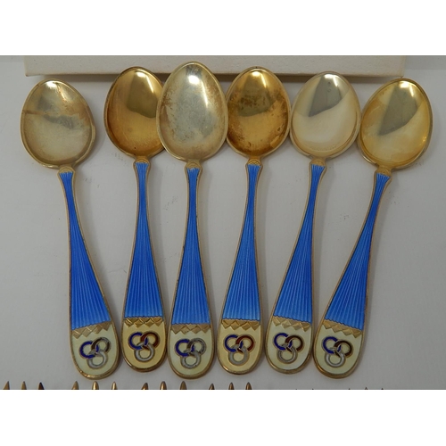 266 - Set of Six Norwegian 925 Sterling Silver & Enamel Cake Forks & Six Spoons by K. Hestenes: Gross weig... 