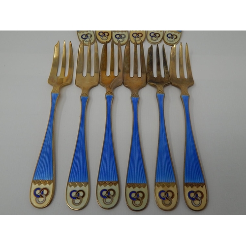 266 - Set of Six Norwegian 925 Sterling Silver & Enamel Cake Forks & Six Spoons by K. Hestenes: Gross weig... 