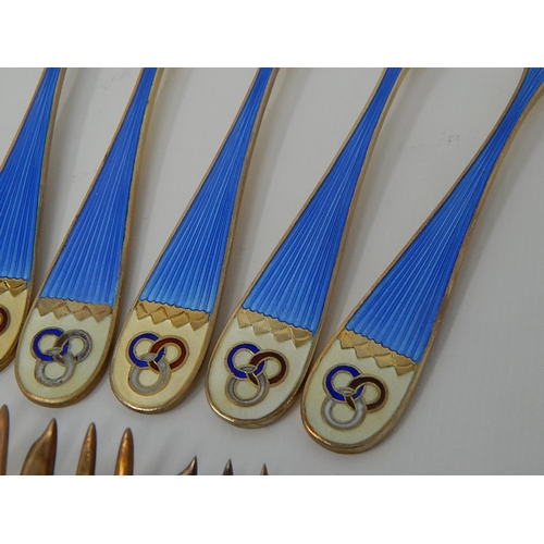 266 - Set of Six Norwegian 925 Sterling Silver & Enamel Cake Forks & Six Spoons by K. Hestenes: Gross weig... 