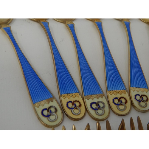 266 - Set of Six Norwegian 925 Sterling Silver & Enamel Cake Forks & Six Spoons by K. Hestenes: Gross weig... 