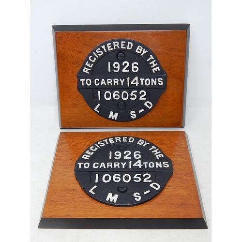 492 - Two L.M.S-D 1926 Railway Wagon Plaques 17.5cm diameter mounted on wooden boards for hanging.