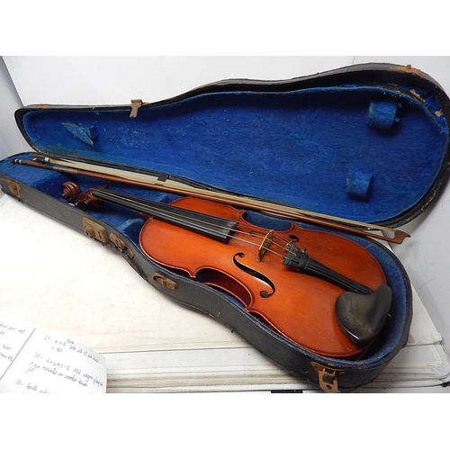 495 - Violin & Bow in case with paper label 