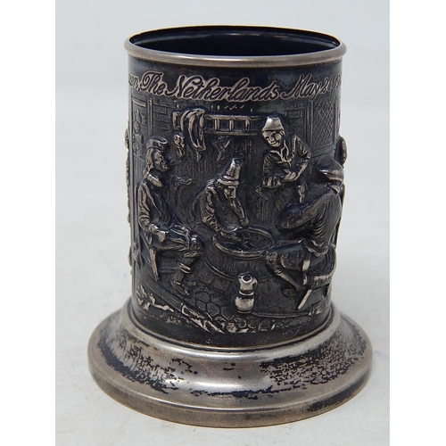 256 - Dutch Silver Hallmarked Pen Pot 7.8cm high with Embossed Tavern Scenes. Weight 85g