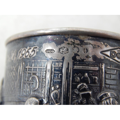 256 - Dutch Silver Hallmarked Pen Pot 7.8cm high with Embossed Tavern Scenes. Weight 85g