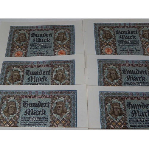 807 - Hoard of vintage German 100 Mark banknotes dated 1920 all consecutively numbered and crisp Uncircula... 