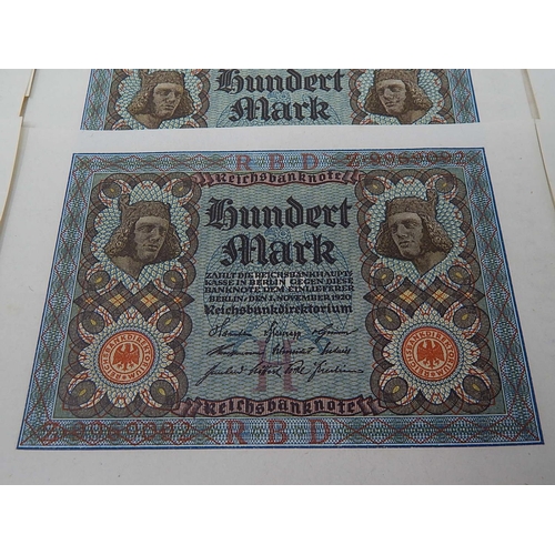 807 - Hoard of vintage German 100 Mark banknotes dated 1920 all consecutively numbered and crisp Uncircula... 