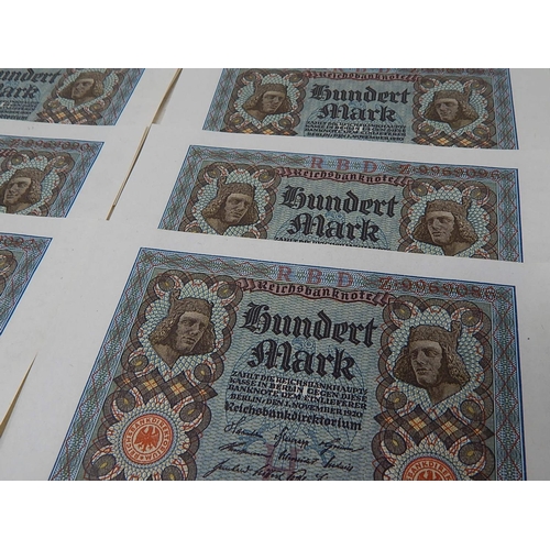 807 - Hoard of vintage German 100 Mark banknotes dated 1920 all consecutively numbered and crisp Uncircula... 