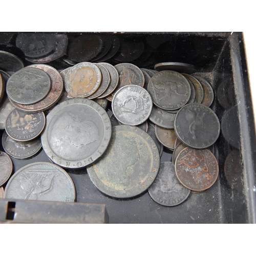 841 - Vintage Cash Tin containing a large selection of early Copper coinage inc Cartwheels, Farthings; Vic... 