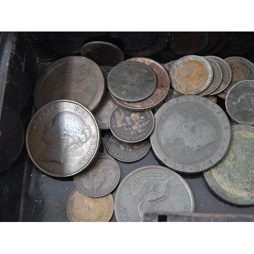 841 - Vintage Cash Tin containing a large selection of early Copper coinage inc Cartwheels, Farthings; Vic... 