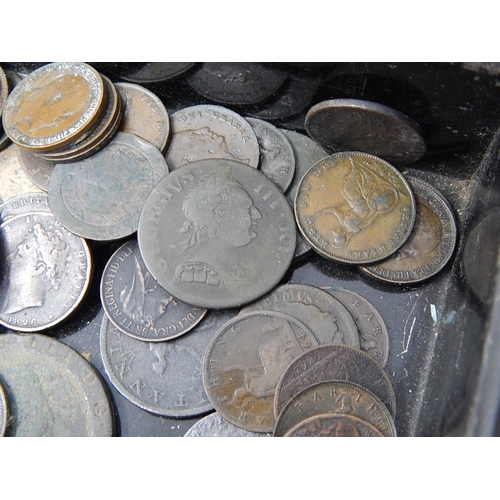 841 - Vintage Cash Tin containing a large selection of early Copper coinage inc Cartwheels, Farthings; Vic... 