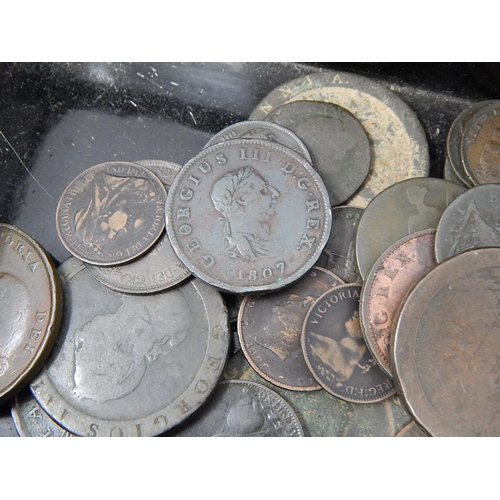 841 - Vintage Cash Tin containing a large selection of early Copper coinage inc Cartwheels, Farthings; Vic... 