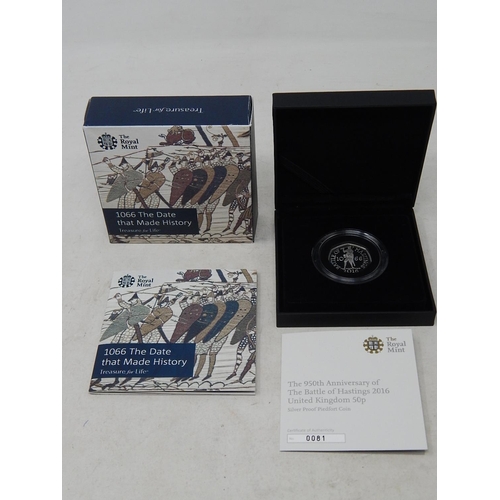 942 - The 950th Anniversary of the Battle of Hastings 2016 UK 50p Silver Proof PIEDFORT Coin about as stru... 