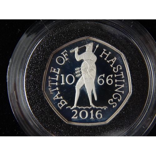 942 - The 950th Anniversary of the Battle of Hastings 2016 UK 50p Silver Proof PIEDFORT Coin about as stru... 