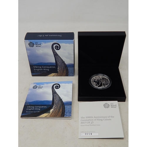 943 - The 100th Anniversary of the Coronation of King Canute 2017 UK £5 Silver Proof PIEDFORT Coin about a... 