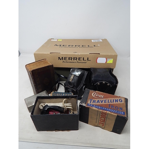 969 - Box containing a vintage camera, early Bible and a travelling iron