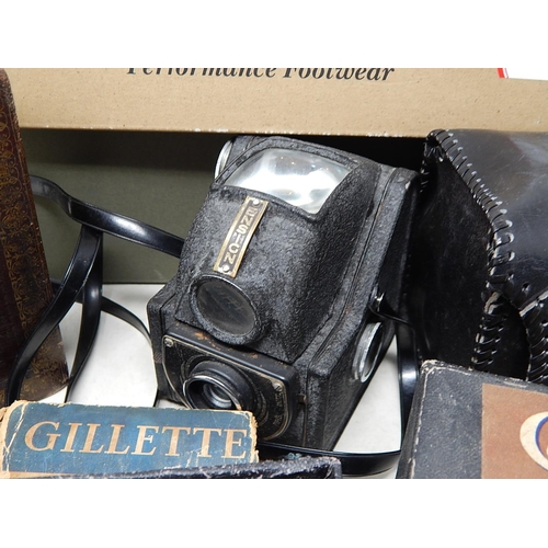 969 - Box containing a vintage camera, early Bible and a travelling iron