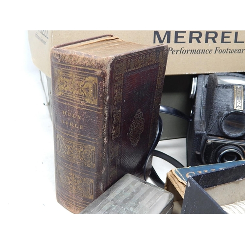 969 - Box containing a vintage camera, early Bible and a travelling iron