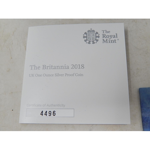 845 - Proof Silver One Ounce Britannia 2018 brilliant, about as struck in Royal Mint case of issue with CO... 