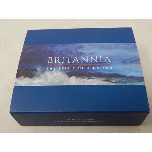 845 - Proof Silver One Ounce Britannia 2018 brilliant, about as struck in Royal Mint case of issue with CO... 