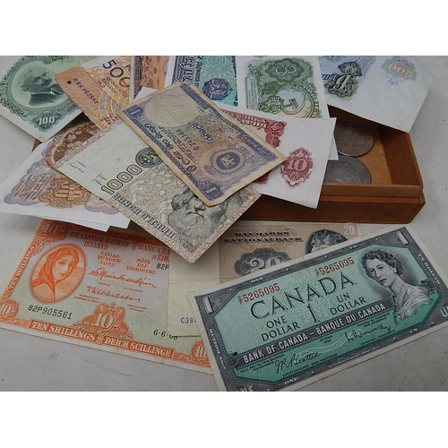 933 - Old cigar box containing a selection of Banknotes and 2 x German East Africa 2 Rupee coins dated 189... 