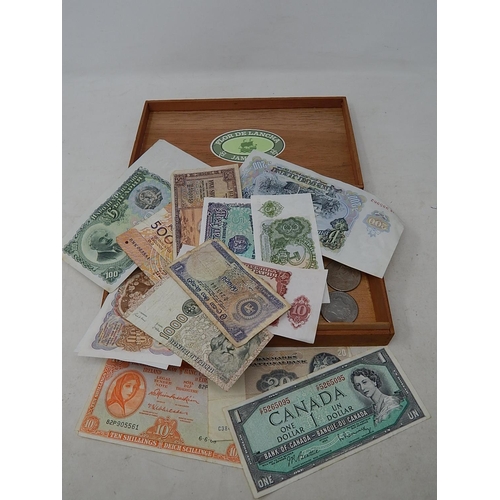 933 - Old cigar box containing a selection of Banknotes and 2 x German East Africa 2 Rupee coins dated 189... 