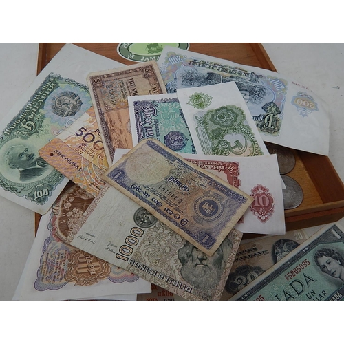 933 - Old cigar box containing a selection of Banknotes and 2 x German East Africa 2 Rupee coins dated 189... 