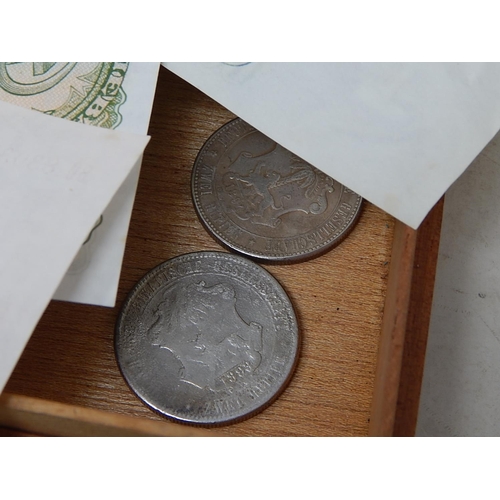 933 - Old cigar box containing a selection of Banknotes and 2 x German East Africa 2 Rupee coins dated 189... 