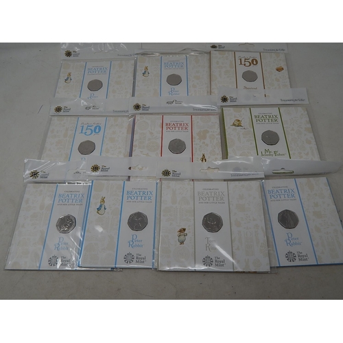 937 - Collection of 10 x Beatrix Potter 50p Coins all Brilliant Uncirculated and housed in Royal Mint seal... 