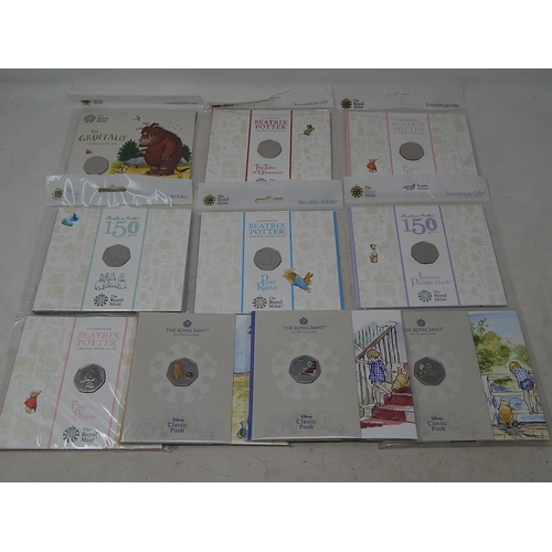 938 - Collection of 10 x 50p Commemorative Coins inc Coloured Classic Pooh, etc all Brilliant Uncirculated... 