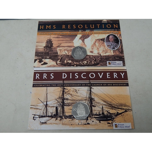 945 - History in the Making Penny Black 50p; RRS Discovery 50p; HMS Resolution 50p; HMS Erebus 50p; HMS Te... 