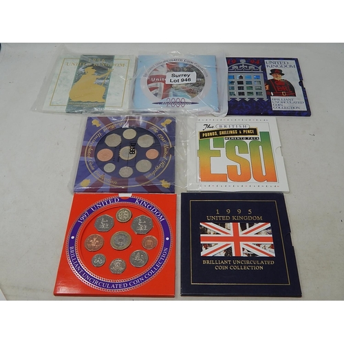 946 - British Pounds Shilling and Pence Momento Pack; Brilliant Uncirculated coin collections dated 1994, ... 