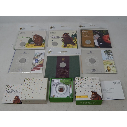 956 - The Gruffalo 2019 Silver Proof Coin in Royal Mint case;  Gruffalo 50p in Royal Mint blister packs(2)... 