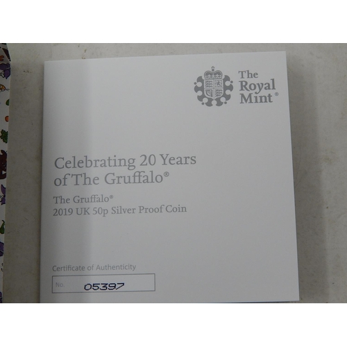 956 - The Gruffalo 2019 Silver Proof Coin in Royal Mint case;  Gruffalo 50p in Royal Mint blister packs(2)... 