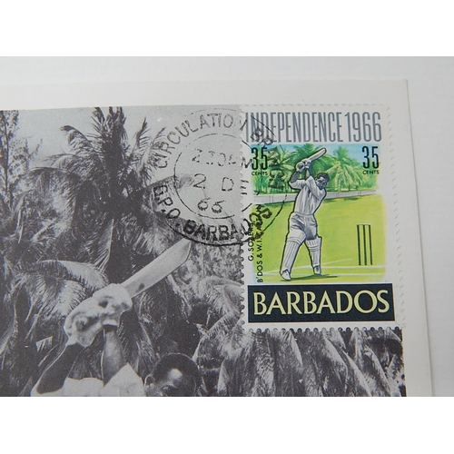 960 - A very rare Gary Sobers Cricket postcard dated 2 December 1966 with Barbados stamp attached and sign... 