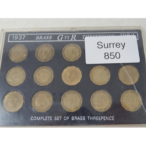 850 - Complete Set of Brass Threepences from 1937 to 1967 including all the Key Dates housed in 2 x Sandhi... 