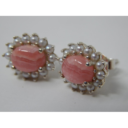 282 - Pair of Rhodochrosite & Seed Pearl Earrings Set in Silver with Butterfly Backs.